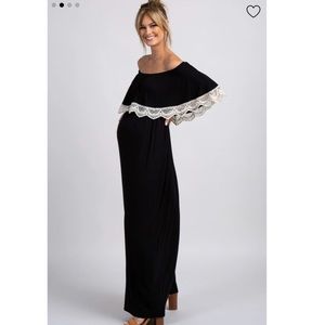 Black Ruffle Crochet Trim Maternity Maxi Dress